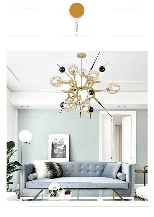 Lustre design à LED moderne doré et noir avec boules en verre et pics - vue 12 sur 12
