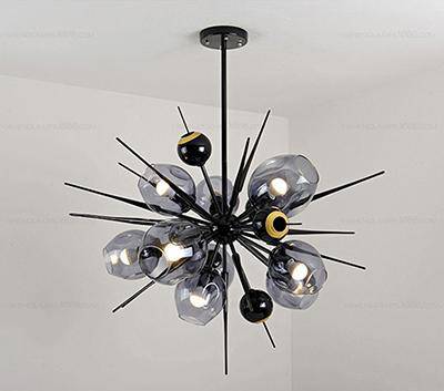 Lustre design à LED moderne doré et noir avec boules en verre et pics - vue 5 sur 12
