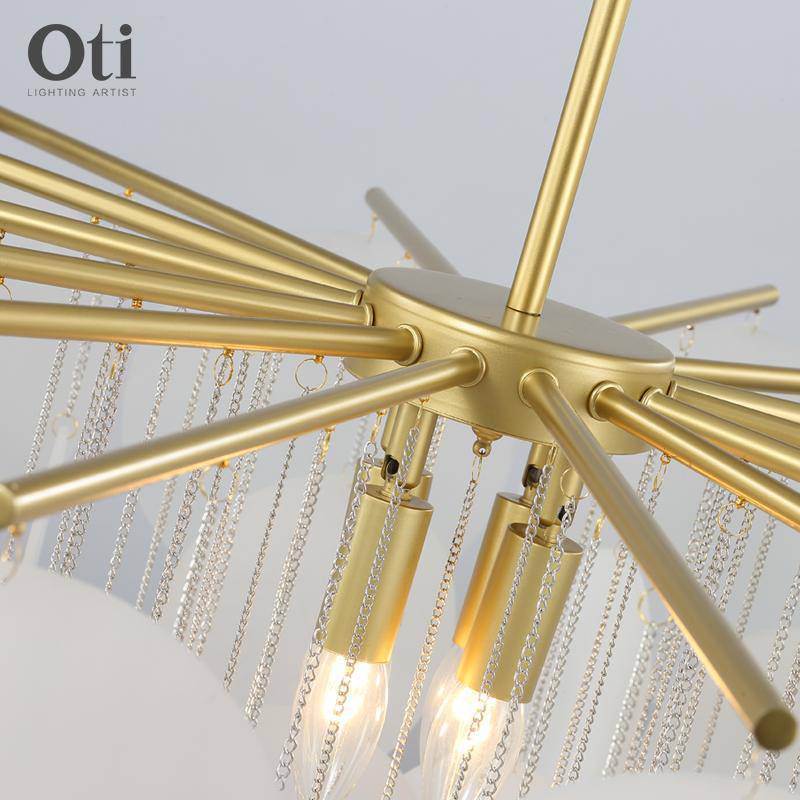 Lustre design avec branches dorées et boules en verre - vue 5 sur 7
