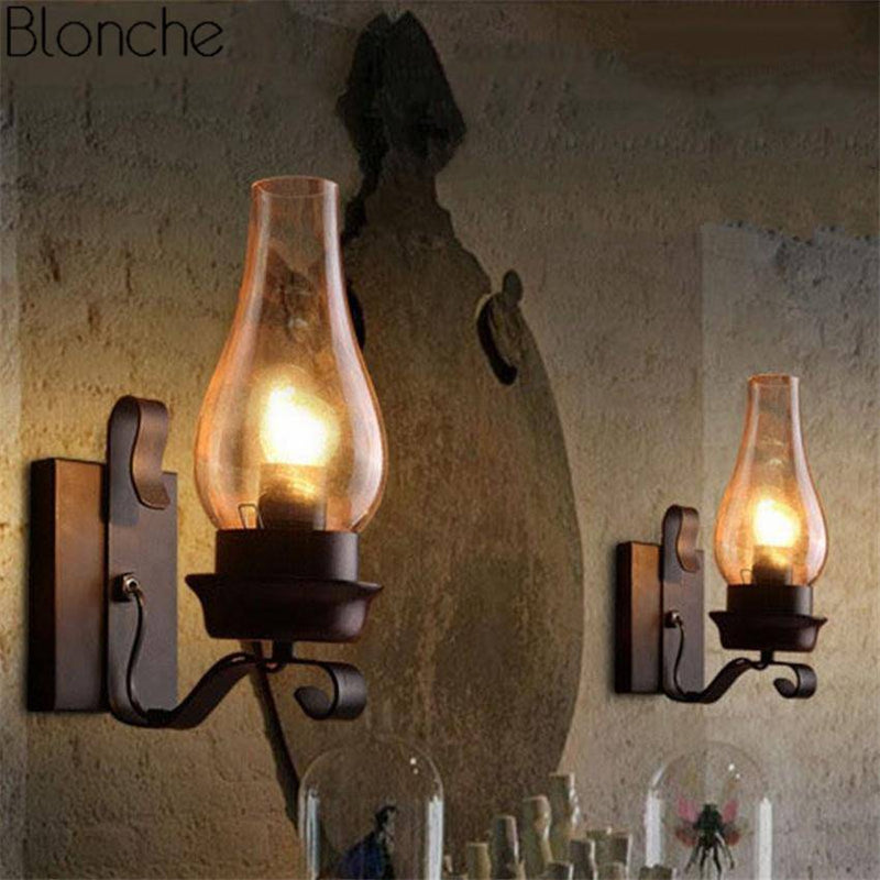 Applique murale en métal et abat-jour en verre retro Kerosene