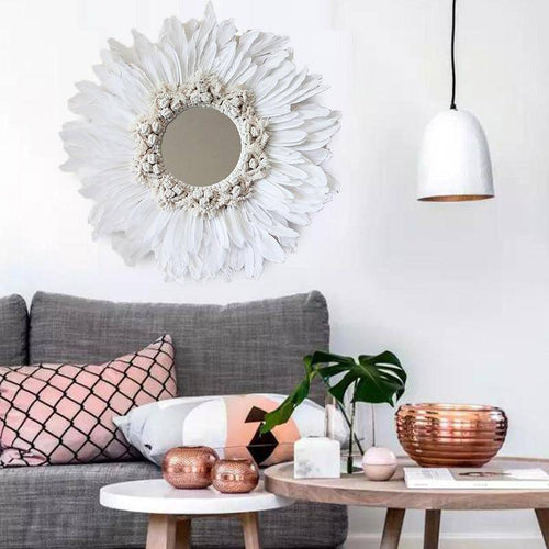 Miroir décoratif mural rond à plumes blanches Modern - vue 4 sur 3