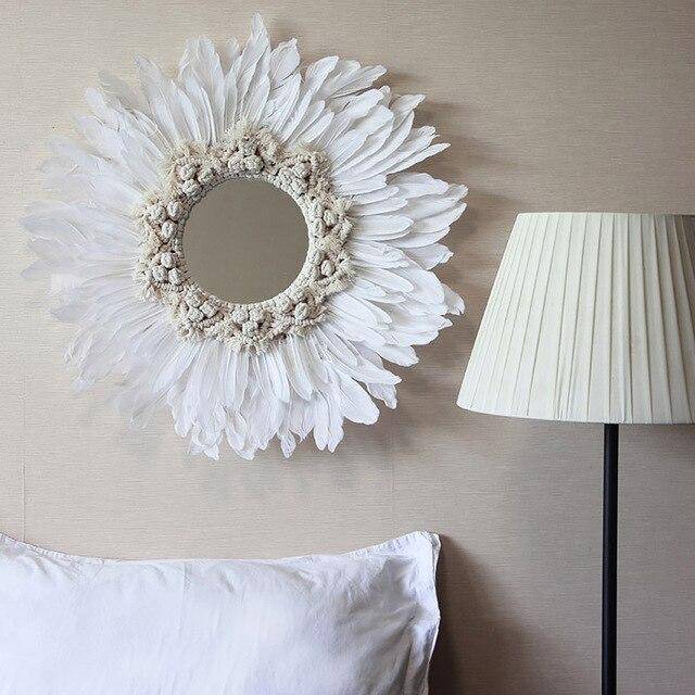 Miroir décoratif mural rond à plumes blanches Modern