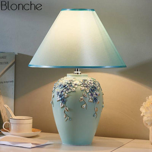 Lampe de chevet à poser avec abat-jour et base fleuri colorée - vue 7 sur 12