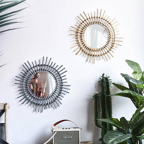 Miroir mural décoratif rond en rotin noir Rattan