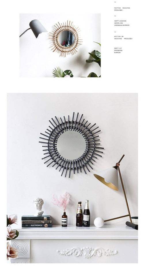 Miroir mural décoratif rond en rotin noir Rattan