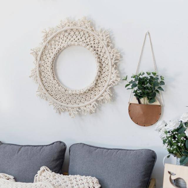 Miroir mural rond en tissu beige Bohemian