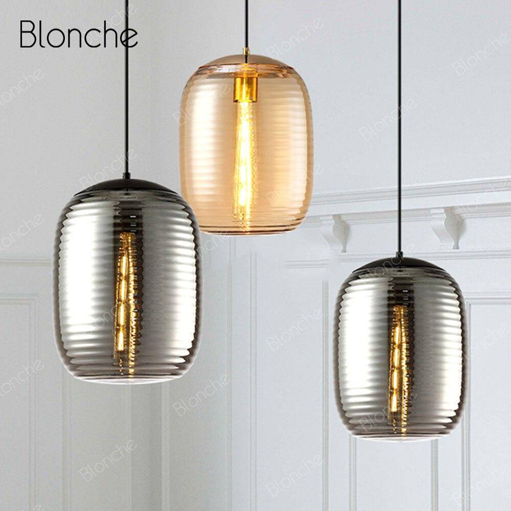 Suspension design LED en verre oval à traits et métal industriel - vue 5 sur 8