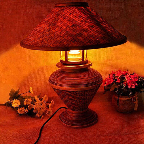 Lampe de chevet vintage rouge avec abat-jour en bambou Asia - vue 5 sur 5