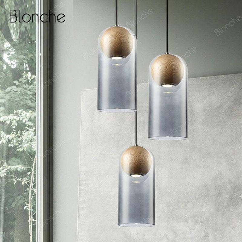 Suspension design LED en verre et bois style industriel