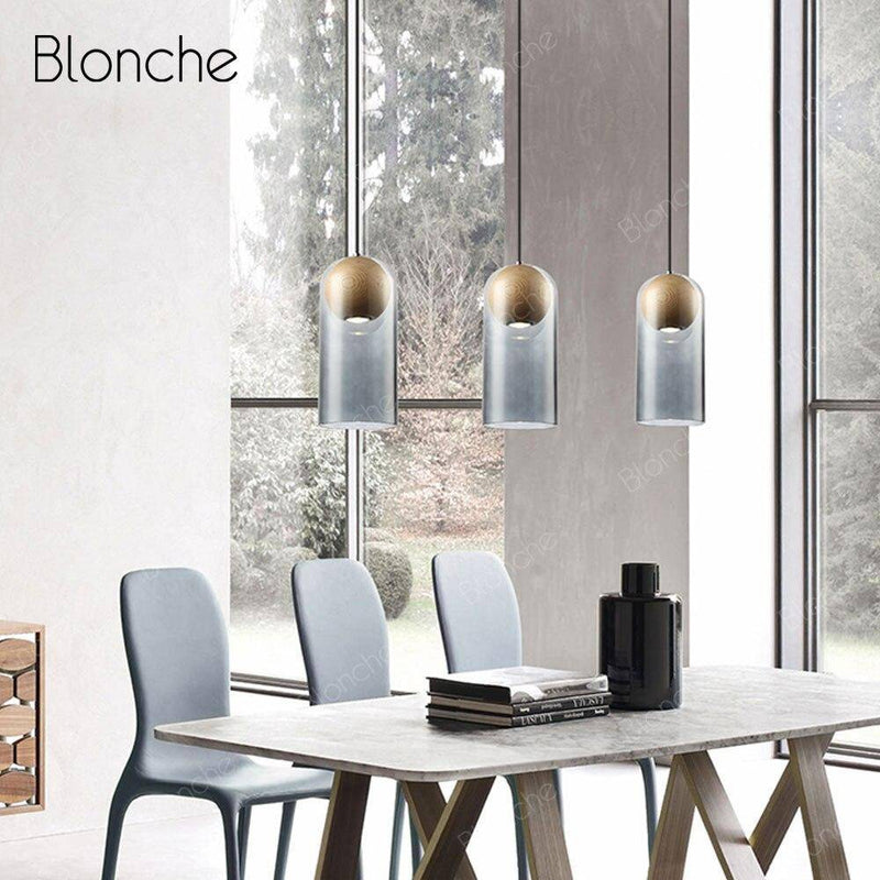 Suspension design LED en verre et bois style industriel