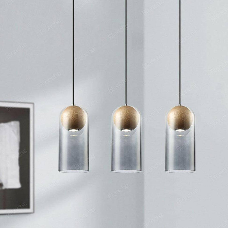 Suspension design LED en verre et bois style industriel