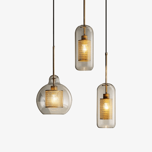 Suspension design LED avec abat-jour industriel et boule en verre Loft