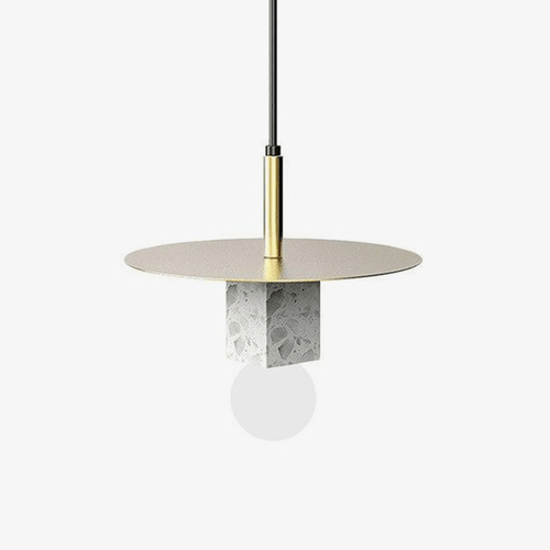 Suspension design LED avec cube en marbre et disque doré