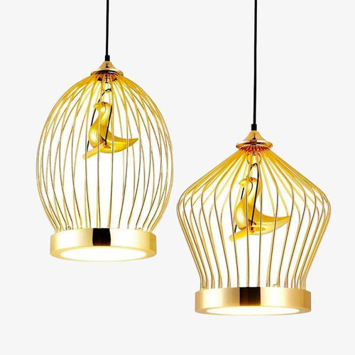 Suspension LED doré oiseau en cage - vue 2 sur 7
