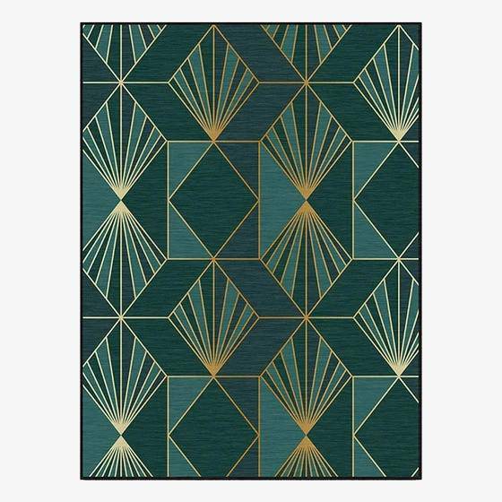 Tapis rectangle vert et figures géométriques dorées House