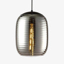 Suspension design LED en verre oval à traits et métal industriel