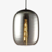 Suspension design LED en verre oval à traits et métal industriel
